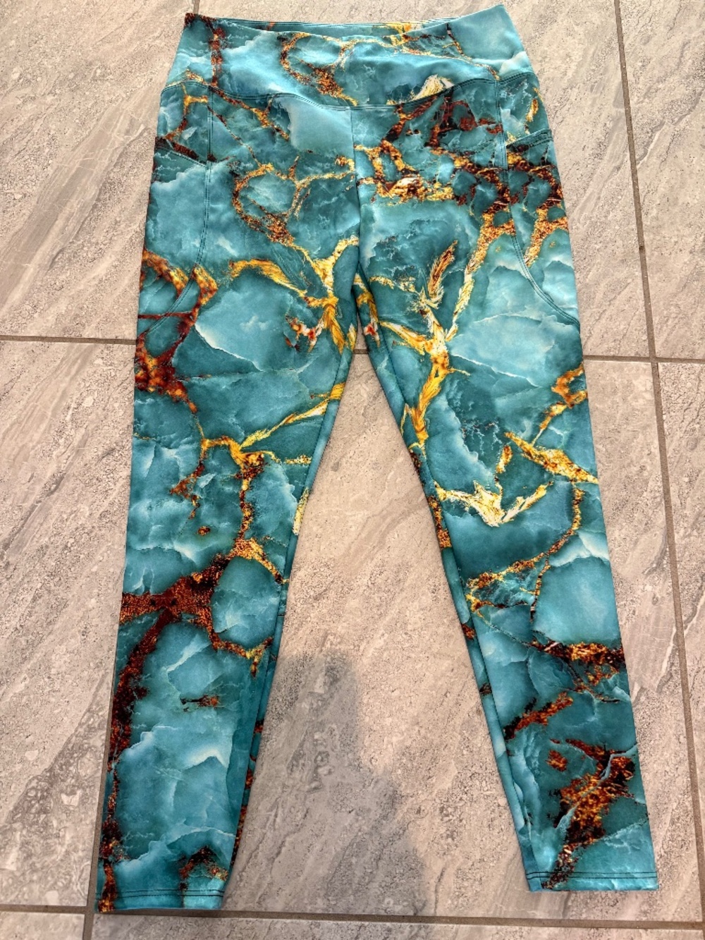 Fiercepulse Compression Turquoise & Gold Marble Leggings w/Pockets XXL
